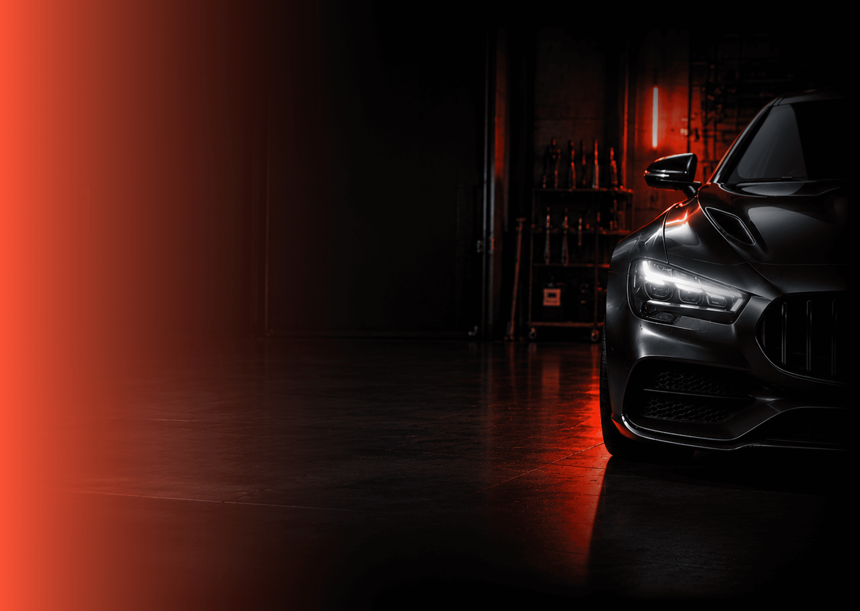 Car side profile with dramatic motion blur speed streaks in red lighting